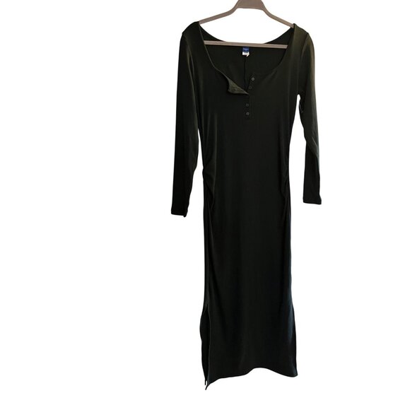 New Old Navy M Maternity Long-Sleeve Henley Midi/ maxi Dress Rib-Knit Dark Green - Picture 2 of 13